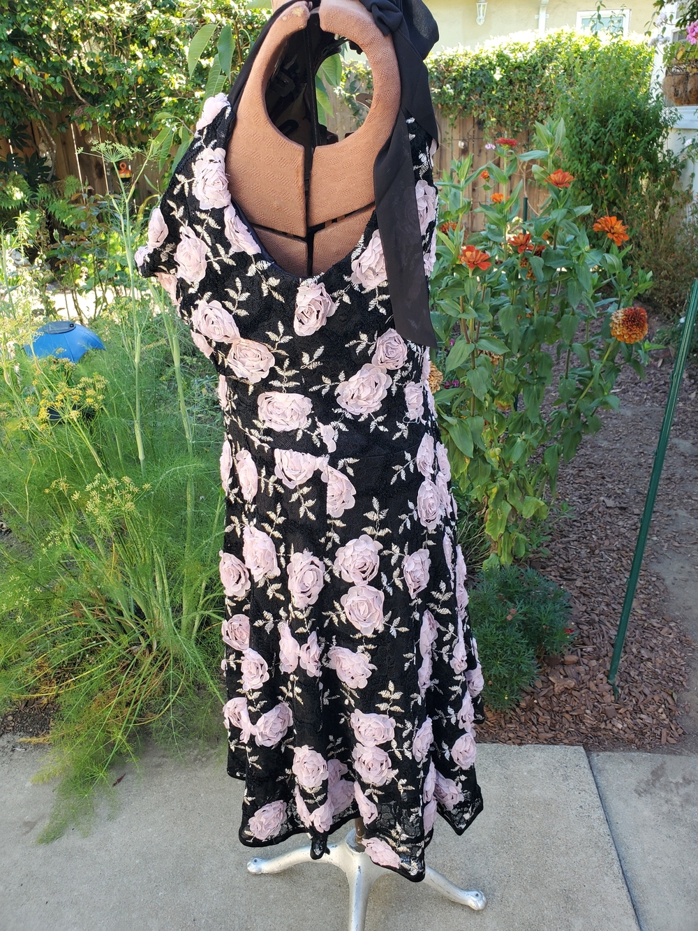 Kitten D'Amour Cowl Neck Floral Midi Dress - Black with Pink Roses - Picture 4 of 9